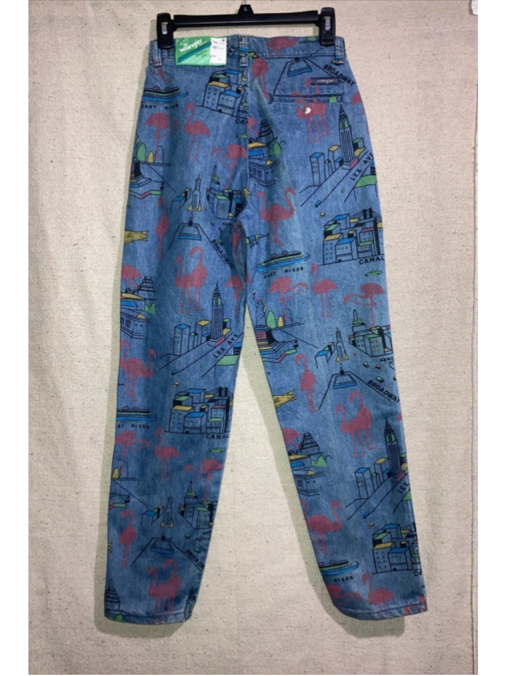 Vintage Wrangler Pink Flamingo Denim Blue Jeans New York All Over Print Womens 9 - Picture 6 of 16